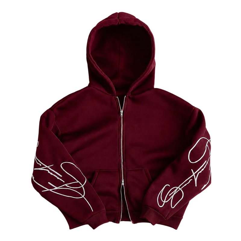 Hoodie Zippé Bordeaux Print Manches | Y2k Corner